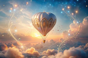 Obraz premium A Whimsical Hot Air Balloon Ascending Through Enchanting Clouds at Sunset, Surrounded by Magical Golden Sparkles and Hearts