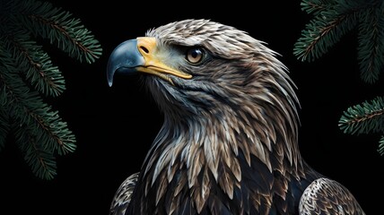 Fototapeta premium Majestic Bald Eagle Portrait with Green Pine Branches on Black Background