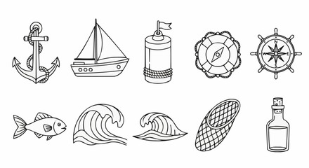 Nautical and marine themed hand drawn doodle collection. © FURI