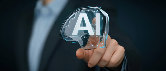 Futuristic Artificial Intelligence Concept: Businessman Touching a Transparent Brain-Shaped Interface with AI Text, Representing Machine Learning, Neural Networks, and the Future of Technology
