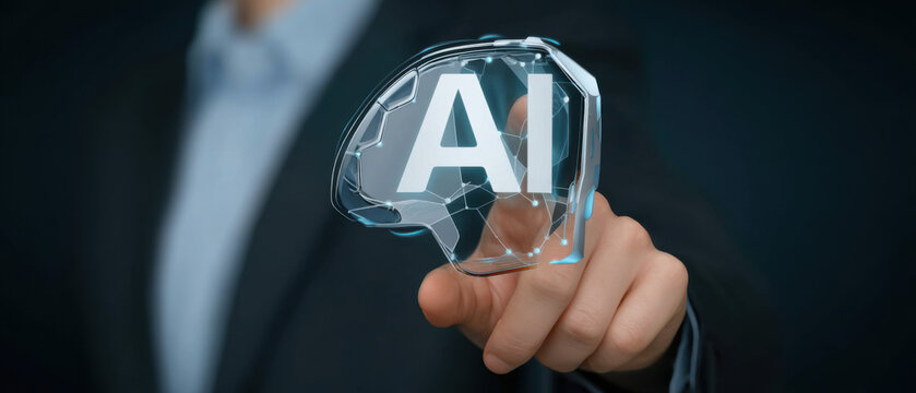 Futuristic Artificial Intelligence Concept: Businessman Touching a Transparent Brain-Shaped Interface with AI Text, Representing Machine Learning, Neural Networks, and the Future of Technology