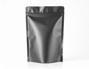 Empty charcoal zippered doypack or gusseted pouch with a matte finish. Perfect packaging for coffee, tea, snacks, or dry goods branding.