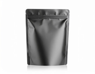 Empty stand-up doy-pack pouch with a resealable zipper closure in a matte black finish, isolated on a clean white background. Food packaging concept.