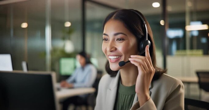Customer service representative in a call center, wearing a headset and smiling while assisting a client