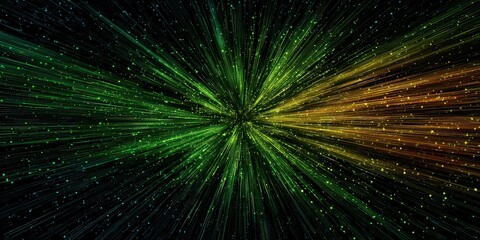 Abstract Digital Artwork of Green Yellow and Blue Particles Bursting from the Center on Black Background