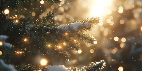 Snow-Covered Pine Branches in Warm Winter Sunlight