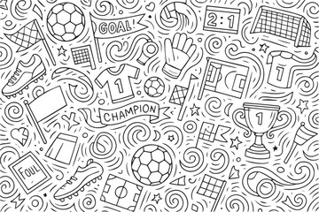 Vector background in monochrome featuring soccer balls, goals, and field icons, all illustrated with thick outlines and clean shapes, creating a simple yet energetic sports vibe. © primus