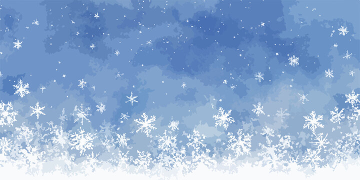 Fundo de vetor com flocos de neve brancos caindo em aquarela azul, padr&atilde;o de inverno festivo.