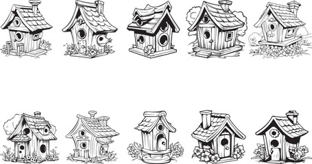 Charming Hand-Drawn Birdhouse Collection
