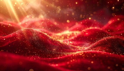 Luminous Crimson Waves with Golden Glitter and Radiant Light, a Luxurious and Festive Abstract Background for Elegance and Celebration