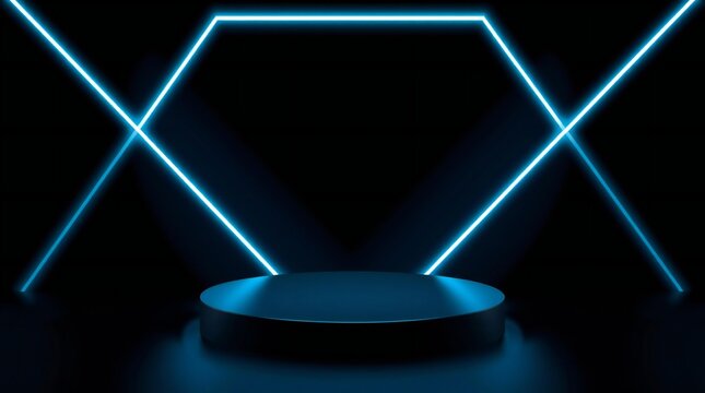 Futuristic blue neon hexagon stage with empty pedestal