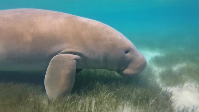 A large dugong gracefully feeding on lush green seagrass underwater in clear blue ocean water, showcasing marine life.