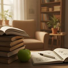 Creative Academic Inspiration Scene with Books and Apple