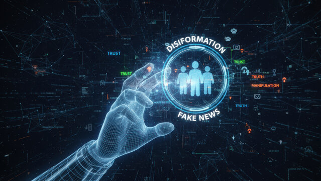 Disinformation and fake news spread through ai technology can lead to crimes and deepfake manipulation affecting trust and truth digital networks