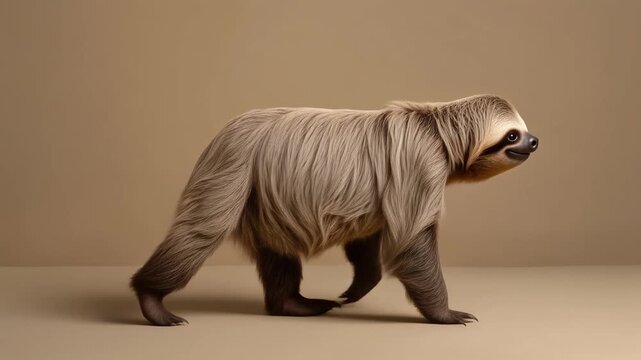 A three-toed sloth with shaggy light brown fur walks slowly across a plain beige studio background in profile.