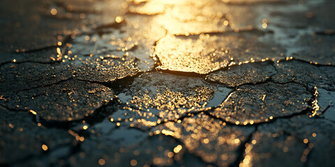 Cracked Dry Ground with Golden Sunset Light and Water Drops