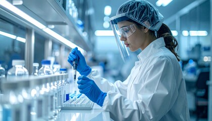 Scientist analyzing liquid sample in lab with research, healthcare, and pharmaceutical.