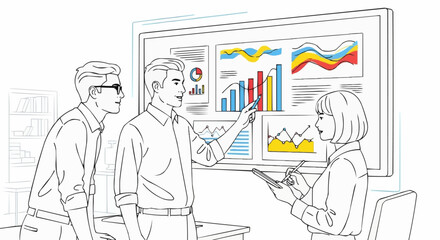 Business team analyzing data on a large screen during a meeting.