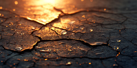 Cracked Dry Ground with Golden Sunset Light and Water Drops