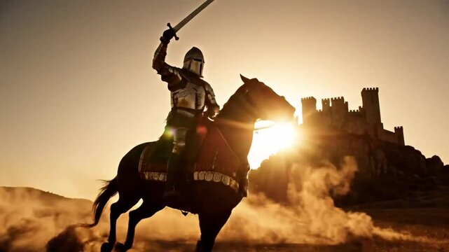 Brave Knight on Horseback with Sword in Hand, Charging Towards a Medieval Castle at Sunset.