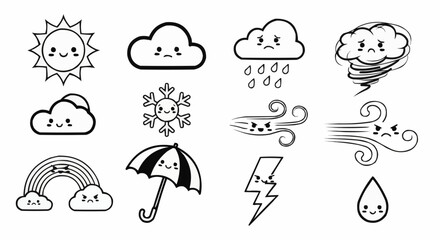 Cute Weather Icons Set With Happy and Sad Faces.