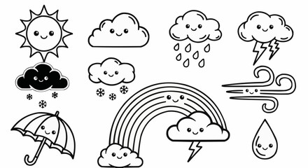 Cute Weather Icons Set Adorable Cartoon Elements for Kids.