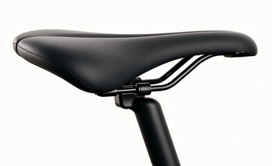 Close-up of black bicycle saddle with metal rails, minimal design and smooth leather texture, isolated on white background.