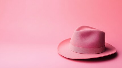 Stylish pink fedora hat on a pink background with copy space on left