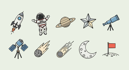 Collection of hand drawn space themed icons and illustrations.