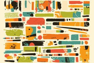 Composi&ccedil;&atilde;o abstrata com formas geom&eacute;tricas e pinceladas em tons terrosos e vibrantes, vetor moderno.