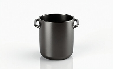 Black metal cooking pot with handles, minimalist modern kitchen cookware isolated on white background.