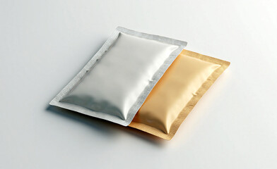 Two metallic sachet packages, silver and gold, isolated on light background, mockup for cosmetic or food product packaging design.