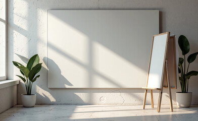 Blank canvas and wooden easel in bright minimalist room with potted plants and sunlight, creative workspace concept.
