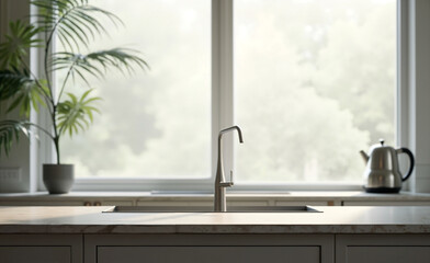 Modern kitchen interior with stainless steel faucet, large window, and soft natural light, minimal home design concept.