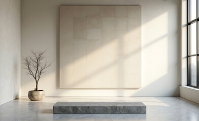 Minimal interior with large abstract wall art, stone bench, and potted tree in soft natural light through tall windows.