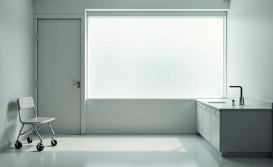 Minimalist medical room interior with chair on wheels, sink, and large frosted window in soft lighting.