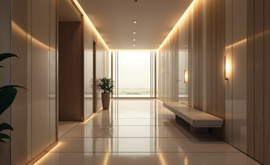 Elegant modern hallway interior with warm lighting, glossy walls, and minimal design featuring plants and bench seating.