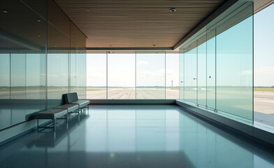 Empty modern airport terminal with glass walls and runway view under bright daylight, minimalist architecture and sleek design.