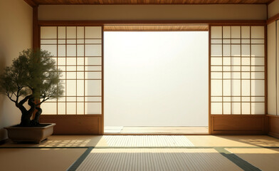 Traditional Japanese room with shoji doors, tatami mats and bonsai tree, illuminated by soft natural light.
