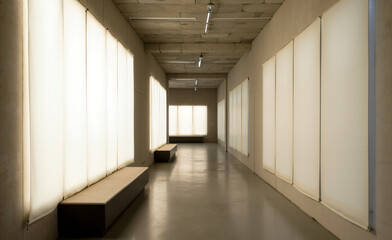 Modern minimalist hallway with soft illuminated wall panels and benches, creating a calm architectural atmosphere.