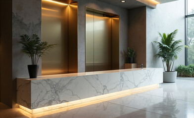 Luxury modern lobby interior with marble reception desk, warm lighting, and elegant potted plants creating a sophisticated atmosphere.