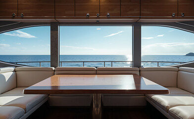 Luxury yacht interior with wooden table and white leather seats offering panoramic ocean view through large windows under bright sunlight.