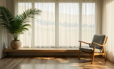 Cozy minimalist living room with wooden chair, large window, sheer curtains, and potted palm illuminated by warm natural light.
