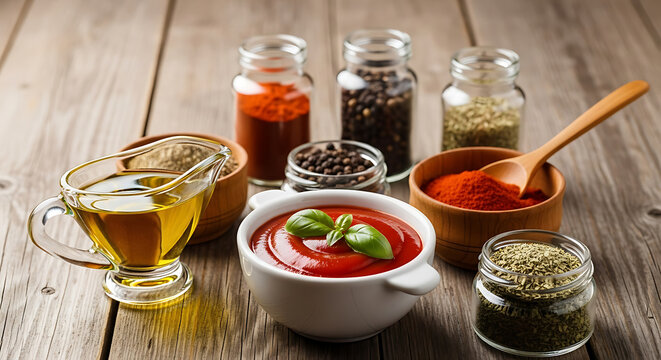Various spices and herbs in jars and bowls on a wooden table surface