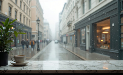 Cozy cafe window view on a rainy city street with coffee cup and green plant, capturing calm urban atmosphere and soft light.