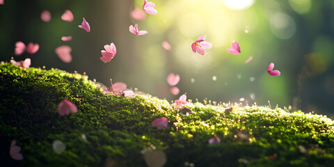 Falling Pink Flower Petals in Sunlit Forest