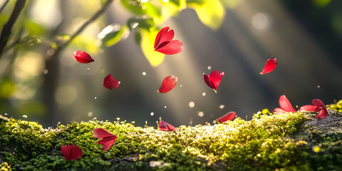 Falling Pink Flower Petals in Sunlit Forest