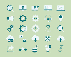 SEO symbol icon set. Solid vector icons. Flat illustration concept.