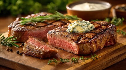 Close Up Shot of Grilled Steak with Rosemary and Butter on Wooden Board