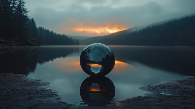 Reflective sphere on calm lake at sunrise - Powered by Adobe